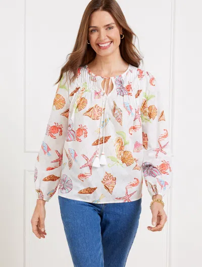 TALBOTS PLUS PETITE - PINTUCK TIE FRONT TOP - UNDERWATER WORLD - WHITE - 2X TALBOTS