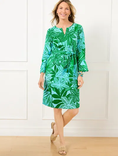 TALBOTS PETITE - RUFFLE CUFF BELTED LINEN BLEND DRESS - WATERCOLOR BOTANICAL - BRIGHT GREEN/TURQUOISE - XL T