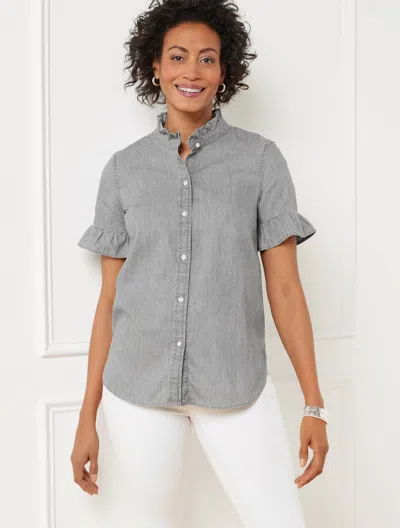 TALBOTS PLUS PETITE - RUFFLE DENIM SHIRT - GREY WASH - GREY - 3X - 100% COTTON TALBOTS