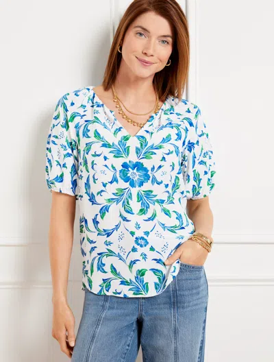 TALBOTS PETITE - BEAUTIFUL SCROLL FLORAL TOP - WHITE/LAKESIDE BLUE - LARGE TALBOTS