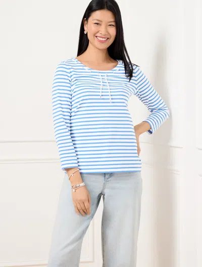 TALBOTS PLUS PETITE - LACE UP SCOOP NECK T-SHIRT - WHITE/LAKESIDE BLUE - 1X - 100% COTTON TALBOTS