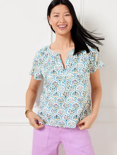 TALBOTS PLUS SIZE - SCALLOPED FLORAL TOP - IVORY/LAKESIDE BLUE - 3X - 100% COTTON TALBOTS