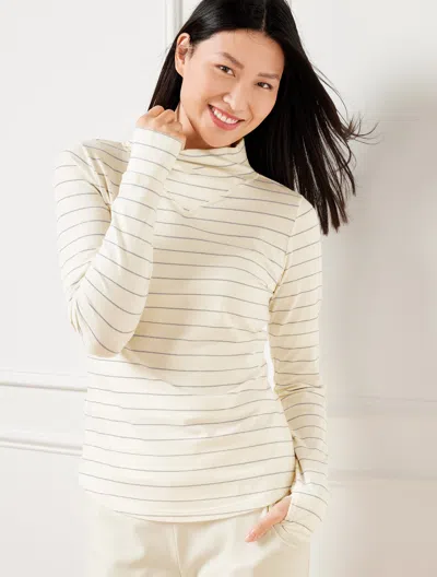 TALBOTS PLUS SIZE - SUPERSOFT JERSEY TURTLENECK T-SHIRT - METALLIC STRIPE - IVORY/SILVER - 2X TALBOTS