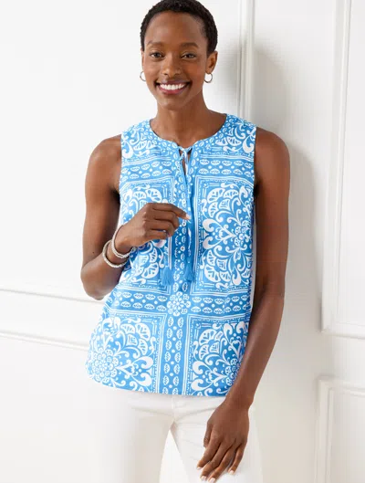 TALBOTS PLUS SIZE - TIE NECK SHELL SWEATER - PLACED MEDALLION - LAKESIDE BLUE/WHITE - 1X - 100% COTTON TALBO