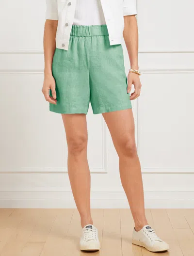 TALBOTS PLUS SIZE - WASHED LINEN PULL-ON SHORTS - CROSS DYED - DEEP GREEN/WHITE - 3X TALBOTS