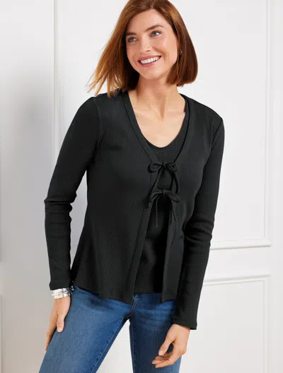 TALBOTS PETITE - RIBBED TIE FRONT CARDIGAN SWEATER - BLACK - MEDIUM TALBOTS