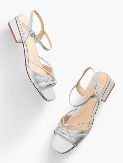 TALBOTS TALLIA PLEATED METALLIC NAPPA ANKLE STRAP HEEL SANDALS - SILVER - 9M TALBOTS