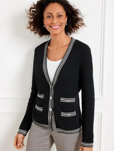 TALBOTS PETITE - TEXTURE V-NECK CARDIGAN SWEATER - TIPPED STRIPE - BLACK - XL - 100% COTTON TALBOTS