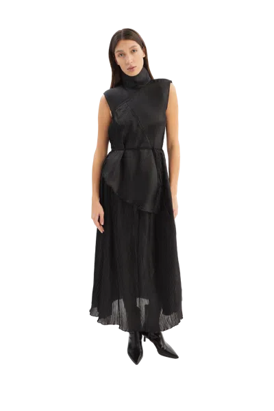 TAMAR KEBURIA PLEATED SLEEVELESS MAXI ORGANZA DRESS WITH A HIGH COLLAR AND ASYMMETRIC PLEATED INSERTS