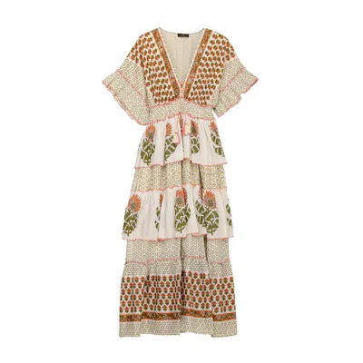 TANTRA SPAIN SL WOMEN'S GREEN / WHITE PRINTED MAXI V NECK DRESS WITH FLORAL FLOUNCES AND EMBELLISHMENTS