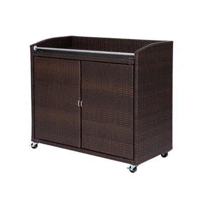 TEAMSON HOME - PE RATTAN BAR SERVING CART CABINET WITH SAFE LOCKING CASTER WHEELS, BROWN