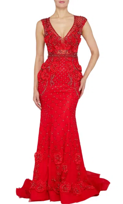 TERANI COUTURE 3D FLORAL APPLIQUE BEADED EVENING DRESS IN RED