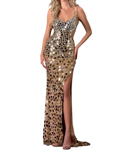 TERANI COUTURE MIRROR EMBELLISHED DRESS WITH SLIT IN GOLD/NUDE