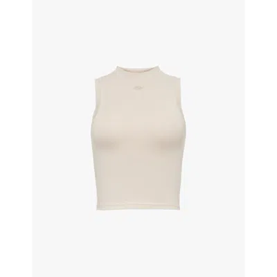 THE COUTURE CLUB WOMENS STONE SOFT TOUCH EMBLEM RACER HIGH-NECK STRETCH-COTTON TOP