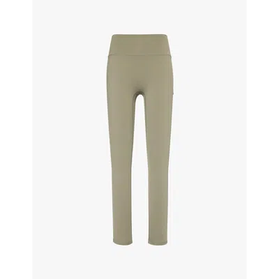 THE COUTURE CLUB WOMENS KHAKI SCULPTING EMBLEM EMBOSSED-BRANDING TAPERED-LEG HIGH-RISE STRETCH-WOVEN LEGGINGS