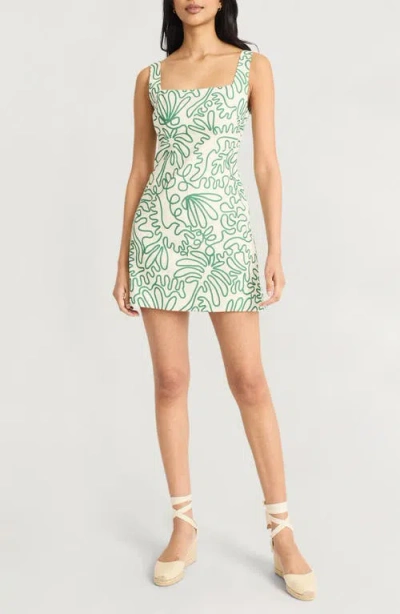 THE GOOD JOURNEY THE GOOD JOURNEY SQUIGGLE PRINT SQUARE NECK LINEN BLEND MINIDRESS
