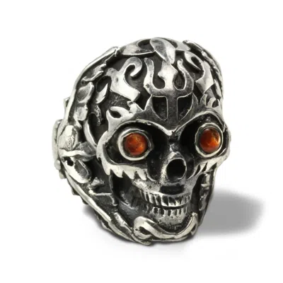 THE JEWELLERY STORE LONDON MEN'S MYSTIC SUN SKULL RING WITH SUNSTONE IN STERLING SILVER