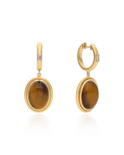THE JEWELZ WOMEN'S BROWN / SILVER TIGERS EYE-SINGULARITY HUGGIES 925 SILVER EARRINGS