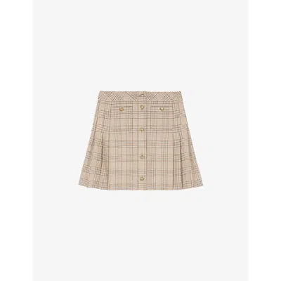 THE KOOPLES WOMENS BEIGE-BROWN PRINCE OF WALES-CHECK WOOL AND COTTON-BLEND MINI SKIRT