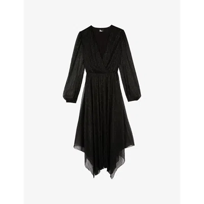 THE KOOPLES WOMENS BLACK LONG-SLEEVE PLEATED METALLIC MIDI DRESS