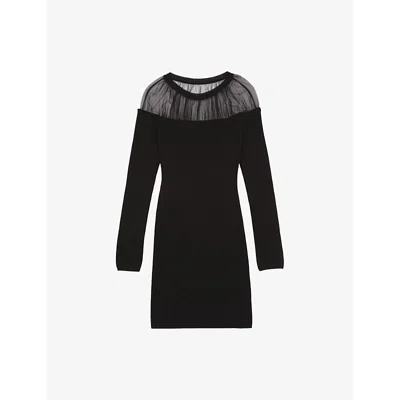 THE KOOPLES WOMENS BLACK LONG-SLEEVE TULLE-TRIM COTTON-BLEND MINI DRESS