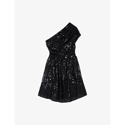 THE KOOPLES WOMENS BLACK ONE-SHOULDER SEQUIN-EMBELLISHED MINI DRESS