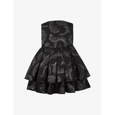 THE KOOPLES WOMENS BLACK / SILVER GRAPHIC-PRINT BUSTIER WOVEN MINI DRESS