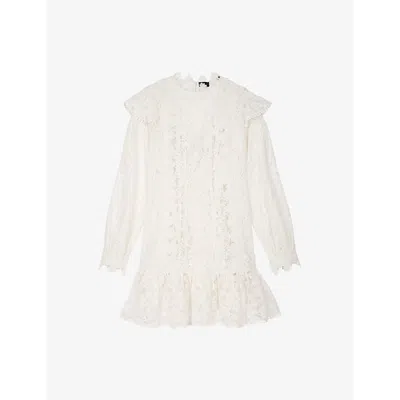 THE KOOPLES WOMENS ECRU FRILLED-TRIM FLORAL-LACE MINI DRESS