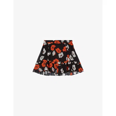 THE KOOPLES WOMENS BLACK RED OFF WHITE FLORAL-PRINT ASYMMETRIC-HEM WOVEN MINI SKIRT