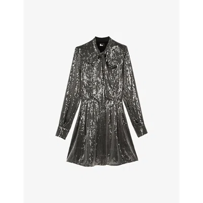 THE KOOPLES WOMENS GREY BOW-TIE SEQUIN MINI DRESS