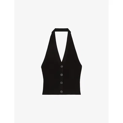 THE KOOPLES WOMENS BLACK HALTER-NECK BUTTON-DOWN RIBBED KNITTED TOP XS