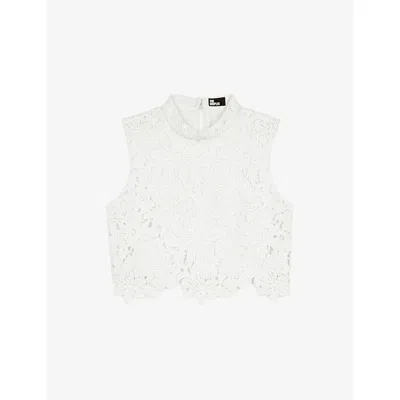 THE KOOPLES WOMENS ECRU HIGH-NECK LACE-EMBROIDERED SHORT WOVEN TOP XS