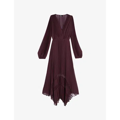 THE KOOPLES WOMENS BURGUNDY ASYMMETRIC-HEM PLEATED WOVEN MAXI DRESS XS