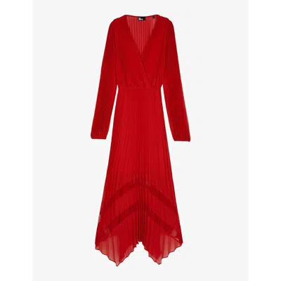 THE KOOPLES WOMENS RED LACE-PANEL PLEATED WOVEN MAXI DRESS