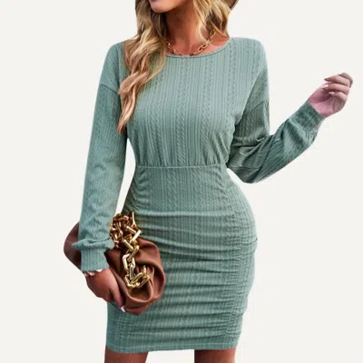 THE MOMENT COLLECTION FLIRTY TEXTURED ROUND NECK LONG SLEEVE BODYCON MINI DRESS IN BLUE LAKE