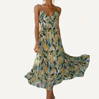 THE MOMENT COLLECTION PATTERN V NECK SPAGHETTI STRAPS MIDI DRESS IN GREEN MULTI
