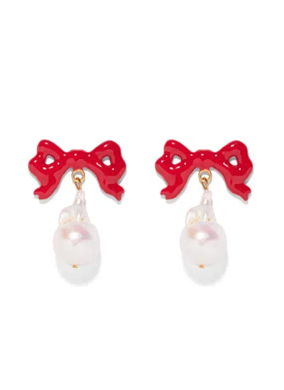 THE PINK REEF WOMEN'S THE PINK REEF RED BOW & BAROQUE PEARL EARRING