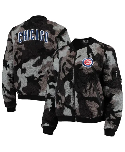THE WILD COLLECTIVE WOMEN'S THE WILD COLLECTIVE BLACK CHICAGO CUBS CAMO SHERPA FULL-ZIP BOMBER JACKET