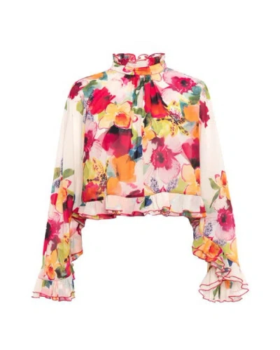 THEO THE LABEL THEO THE LABEL THEIA ORCHID PRINT RUFFLE BLOUSE
