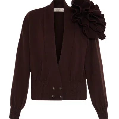 THEO THE LABEL WOMEN'S BROWN NOMIA RIBBED WAIST ROSETTE CARDIGAN - KOFFEE