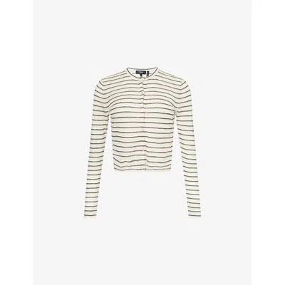 THEORY WOMENS LIGHT PARCHMENT MULTI STRIPPED CROPPED LINEN-BLEND KNITTED CARDIGAN XS