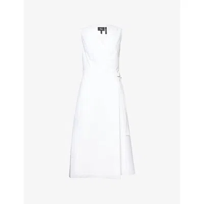THEORY WOMENS WHITE ALINE WRAP STRETCH-LINEN BLEND MIDI DRESS