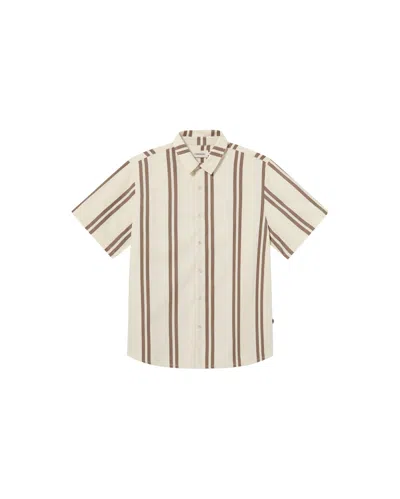 THINKING MU MEN'S WHITE BROWN STRIPED POPLIN TOM SHIRT