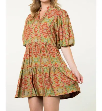THML PUFF SLEEVE PRINT DRESS IN ORANGE/GREEN
