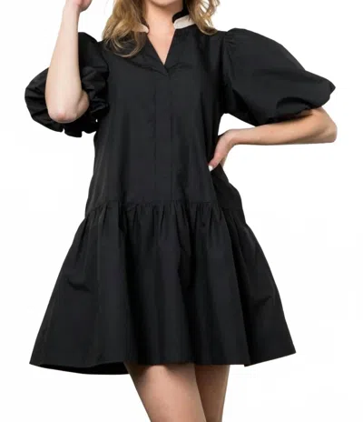 THML PUFF SLEEVE V NECK DRESS IN BLACK