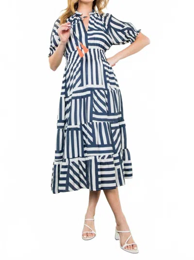 THML VICTORIA STRIPE TIERED MIDI DRESS IN NAVY