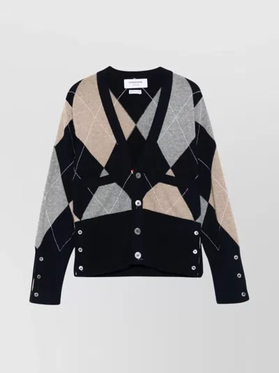 THOM BROWNE ARGYLE V-NECK CASHMERE CARDIGAN