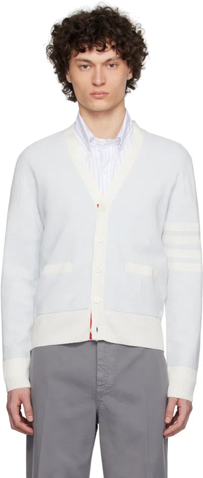 THOM BROWNE BLUE LINEN COTTON 4-BAR RELAXED FIT CARDIGAN