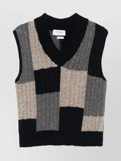 THOM BROWNE CABLE KNIT PATCHWORK V NECK VEST