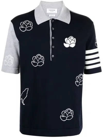 THOM BROWNE FLORAL INTARSIA-KNIT COTTON POLO SHIRT